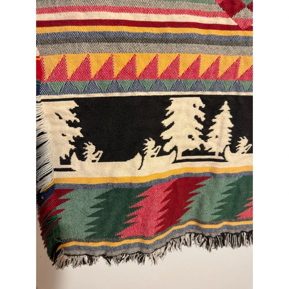 Vintage Aztec Southwestern Tapestry Blanket Rug Pine Tree Lodge Afghan 42x26